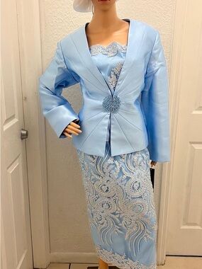 Light Blue Lace Embellished Two-Piece Dress and Jacket Set
